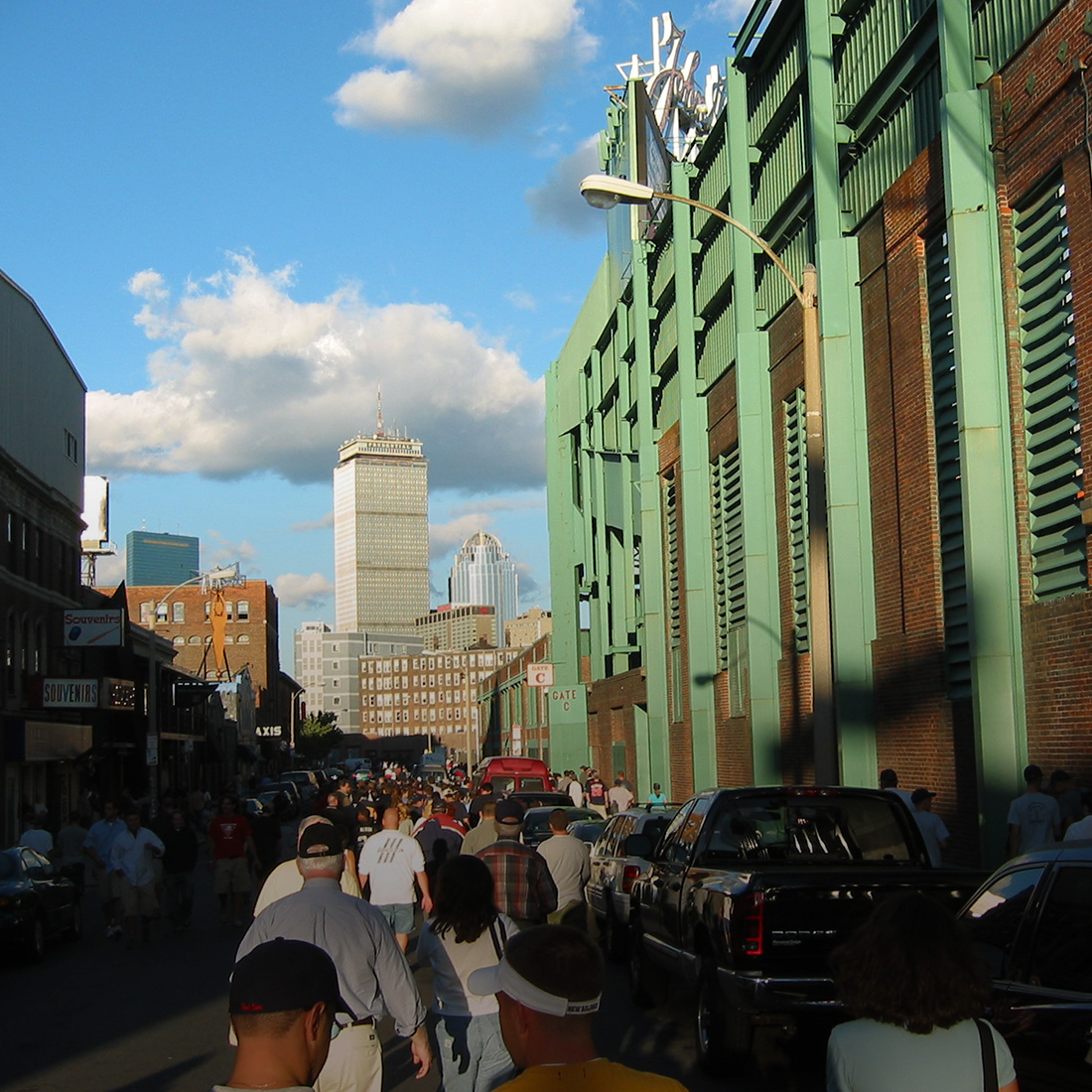 Fans gather on Yawkey Way at Fenway Park, Boston Red Sox Stock