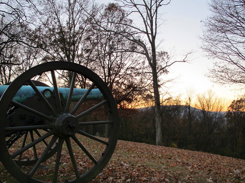 Battles for Chattanooga: [2014] Looking down the ridge from the Bragg Reservation at Lookout Mountain framed by sunset